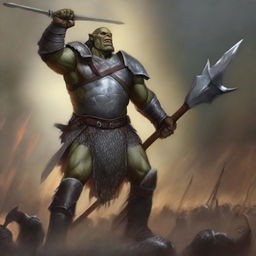 A huge towering half-orc warrior clad in gleaming chain mail, wielding a massive halberd, stands victorious in a gladiatorial arena