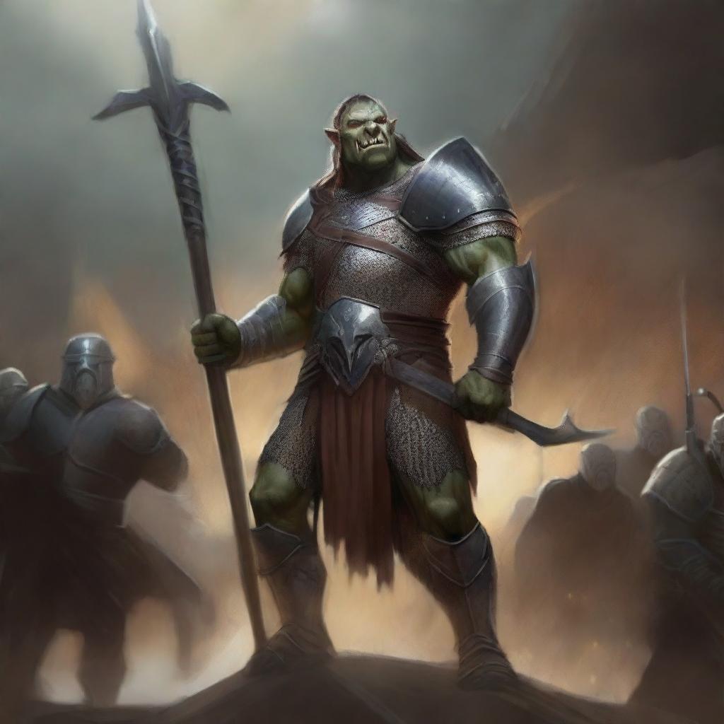 A huge towering half-orc warrior clad in gleaming chain mail, wielding a massive halberd, stands victorious in a gladiatorial arena