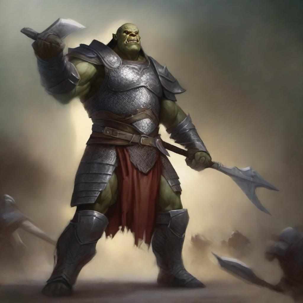 A huge towering half-orc warrior clad in gleaming chain mail, wielding a massive halberd, stands victorious in a gladiatorial arena