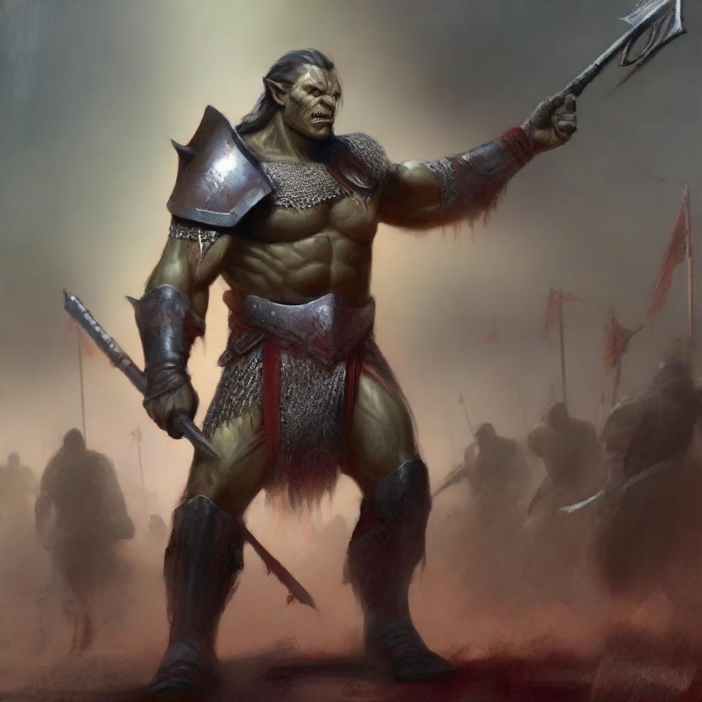 A huge towering half-orc warrior clad in gleaming chain mail, wielding a massive halberd, stands victorious in a gladiatorial arena with blood everywhere