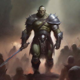 A huge towering half-orc warrior clad in gleaming chain mail, wielding a massive halberd, stands victorious in a gladiatorial arena with blood everywhere