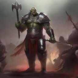 A huge towering half-orc warrior clad in gleaming chain mail, wielding a massive halberd, stands victorious in a gladiatorial arena with blood everywhere