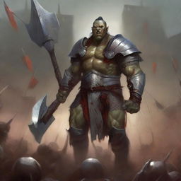 A huge towering half-orc warrior clad in gleaming chain mail, wielding a massive halberd, stands victorious in a gladiatorial arena with blood everywhere