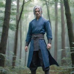 Create an image of a tall, thin anime warrior with gray hair, wearing blue clothes and standing in a dense, lush forest.