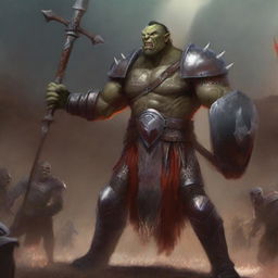 A huge towering half-orc warrior clad in gleaming chain mail, wielding a massive halberd, stands victorious in a gladiatorial arena with blood everywhere on him