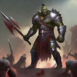 A huge towering half-orc warrior clad in gleaming chain mail, wielding a massive halberd, stands victorious in a gladiatorial arena with blood everywhere on him