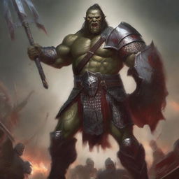 A huge towering half-orc warrior clad in gleaming chain mail, wielding a massive halberd, stands victorious in a gladiatorial arena with blood everywhere on him