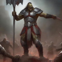 A huge towering half-orc warrior clad in gleaming chain mail, wielding a massive halberd, stands victorious in a gladiatorial arena with blood everywhere on him