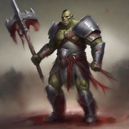 A huge towering half-orc warrior clad in gleaming chain mail, wielding a massive halberd, stands raging with blood on his body, celebrating ferociously in a gladiatorial arena