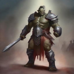 A huge towering half-orc warrior clad in gleaming chain mail, wielding a massive halberd, stands raging with blood on his body, celebrating ferociously in a gladiatorial arena