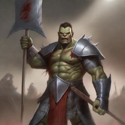 A huge towering half-orc warrior clad in gleaming chain mail, wielding a massive halberd, stands raging with blood on his body, celebrating ferociously in a gladiatorial arena