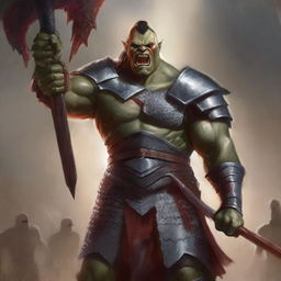 A huge towering half-orc warrior clad in gleaming chain mail, wielding a massive halberd, stands raging with blood on his body, celebrating ferociously in a gladiatorial arena