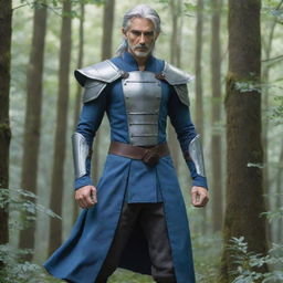 Create an image of a tall, thin anime warrior with gray hair, wearing blue clothes and standing in a dense, lush forest.