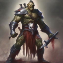 A huge towering half-orc warrior clad in gleaming chain mail, wielding a massive halberd, stands raging with blood splatters on his body celebrating ferociously in a gladiatorial arena