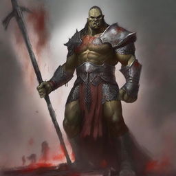 A huge towering half-orc warrior clad in gleaming chain mail, wielding a massive halberd, stands raging with blood splatters on his body celebrating ferociously in a gladiatorial arena