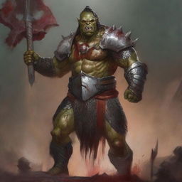 A huge towering half-orc warrior clad in gleaming chain mail, wielding a massive halberd, stands raging with blood splatters on his body celebrating ferociously in a gladiatorial arena