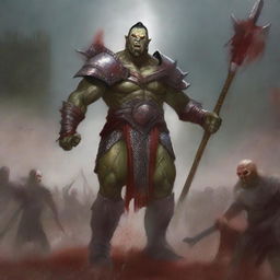 A huge towering half-orc warrior clad in gleaming chain mail, wielding a massive halberd, stands raging with blood splatters on his body celebrating ferociously in a gladiatorial arena