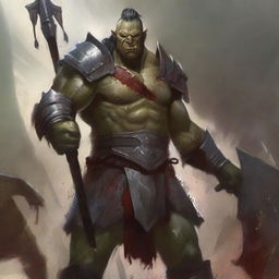 A huge towering half-orc warrior clad in gleaming chain mail, wielding a massive halberd, stands raging with blood splatters on his body, celebrating ferociously in a gladiatorial arena