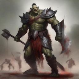 A huge towering half-orc warrior clad in gleaming chain mail, wielding a massive halberd, stands raging with blood splatters on his body, celebrating ferociously in a gladiatorial arena