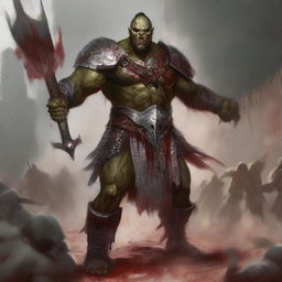 A huge towering half-orc warrior clad in gleaming chain mail, wielding a massive halberd, stands raging with blood splatters on his body, celebrating ferociously in a gladiatorial arena