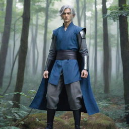 Create an image of a tall, thin anime warrior with gray hair, wearing blue clothes and standing in a dense, lush forest.