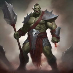 A huge towering half-orc warrior clad in gleaming chain mail, wielding a massive halberd, stands raging with blood splatters on his body, celebrating ferociously in a gladiatorial arena