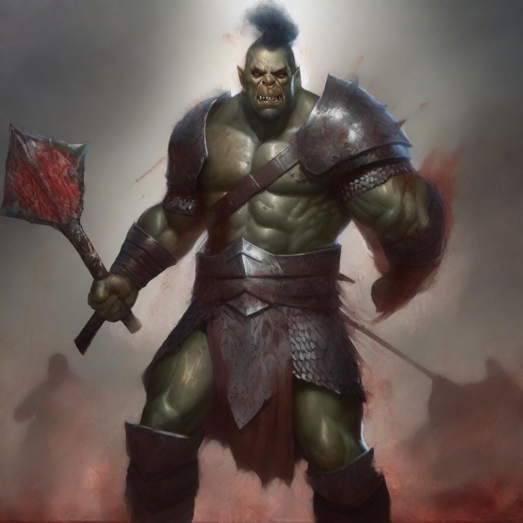 A huge towering half-orc warrior clad in gleaming chain mail, wielding a massive halberd, stands raging with blood splatters on his body, celebrating ferociously in a gladiatorial arena