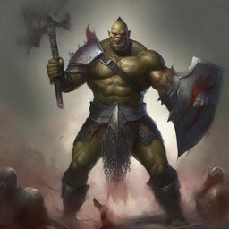 A huge towering half-orc warrior clad in gleaming chain mail, wielding a massive halberd, stands raging with blood splatters on his body, celebrating ferociously in a gladiatorial arena