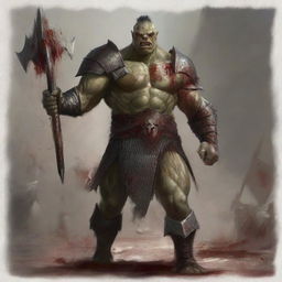 A huge towering half-orc warrior clad in gleaming chain mail, wielding a massive halberd, stands raging with blood splatters on his body, celebrating ferociously in a gladiatorial arena