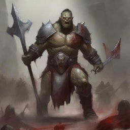 A huge towering half-orc warrior clad in gleaming chain mail, wielding a massive halberd, stands raging with blood splatters on his body, celebrating ferociously in a gladiatorial arena