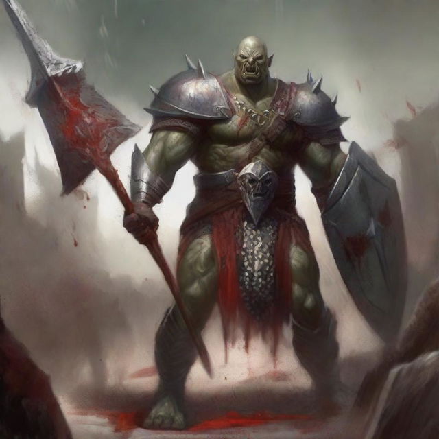 A huge towering half-orc warrior clad in gleaming chain mail, wielding a massive halberd, stands raging with blood splatters on his body, celebrating ferociously in a gladiatorial arena