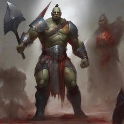 A huge towering half-orc warrior clad in gleaming chain mail, wielding a massive halberd, stands raging with blood splatters on his body, celebrating ferociously in a gladiatorial arena