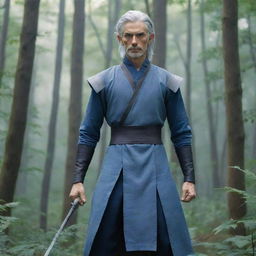 Create an image of a tall, thin anime warrior with gray hair, wearing blue clothes and standing in a dense, lush forest.