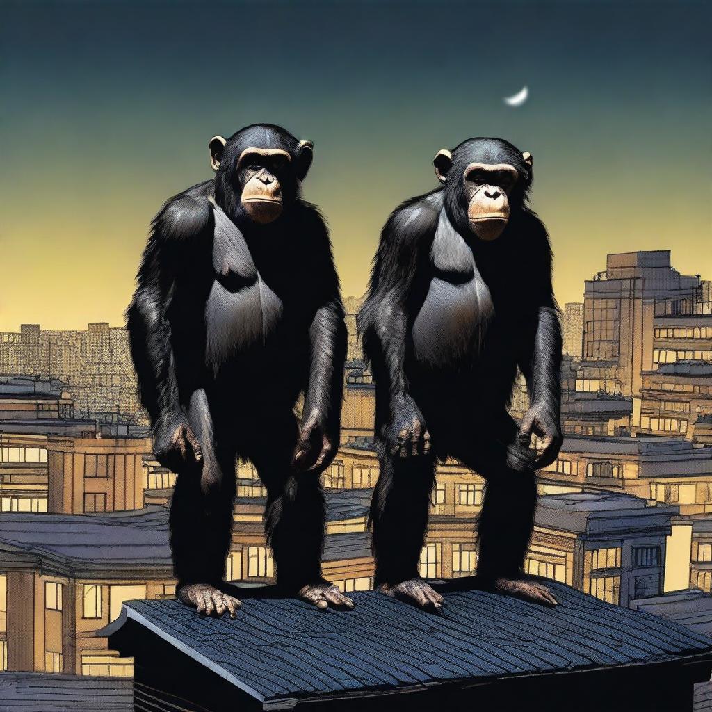 A highly realistic scene featuring two very angry chimpanzees standing on top of a roof at night, with a crowd of chimpanzees visible behind them