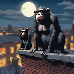 A highly realistic scene featuring two very angry chimpanzees standing on top of a roof at night, with a crowd of chimpanzees visible behind them