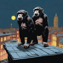 A highly realistic scene featuring two very angry chimpanzees standing on top of a roof at night, with a crowd of chimpanzees visible behind them