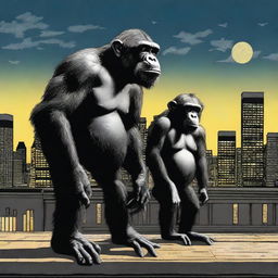 A highly realistic scene featuring two very angry chimpanzees standing on top of a roof at night, with a crowd of chimpanzees visible behind them