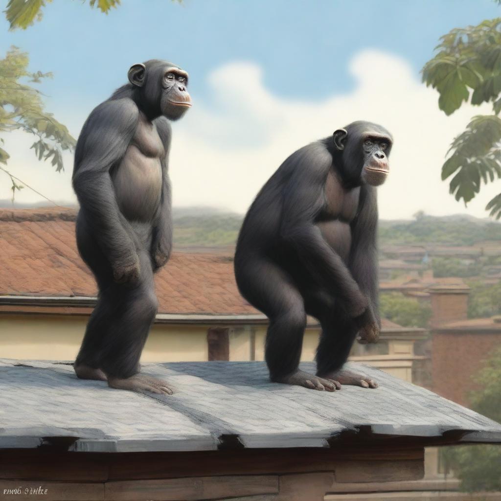 A highly realistic scene featuring two chimpanzees standing on top of a roof, with a crowd of chimpanzees visible behind them