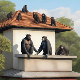 A highly realistic scene featuring two chimpanzees standing on top of a roof, with a crowd of chimpanzees visible behind them