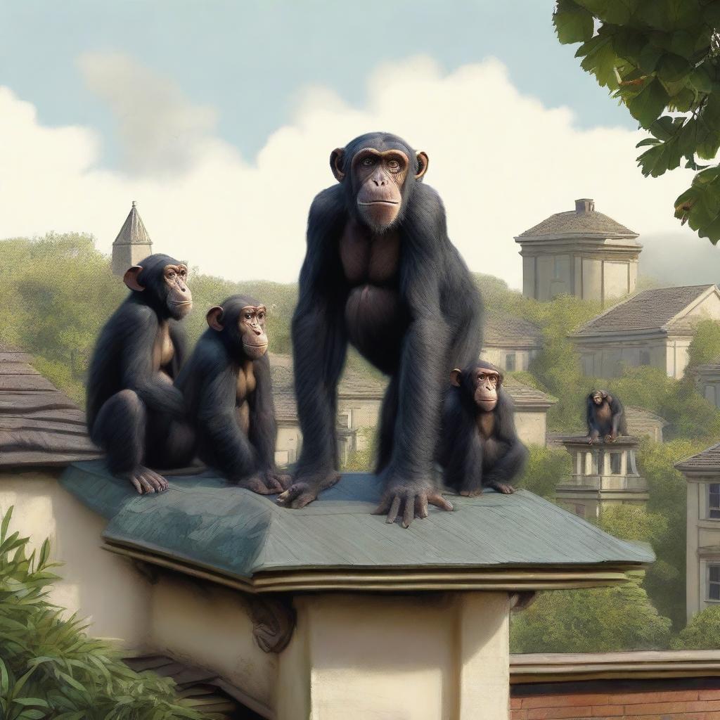 A highly realistic scene featuring two chimpanzees standing on top of a roof, with a crowd of chimpanzees visible behind them