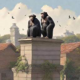 A highly realistic scene featuring two chimpanzees standing on top of a roof, with a crowd of chimpanzees visible behind them