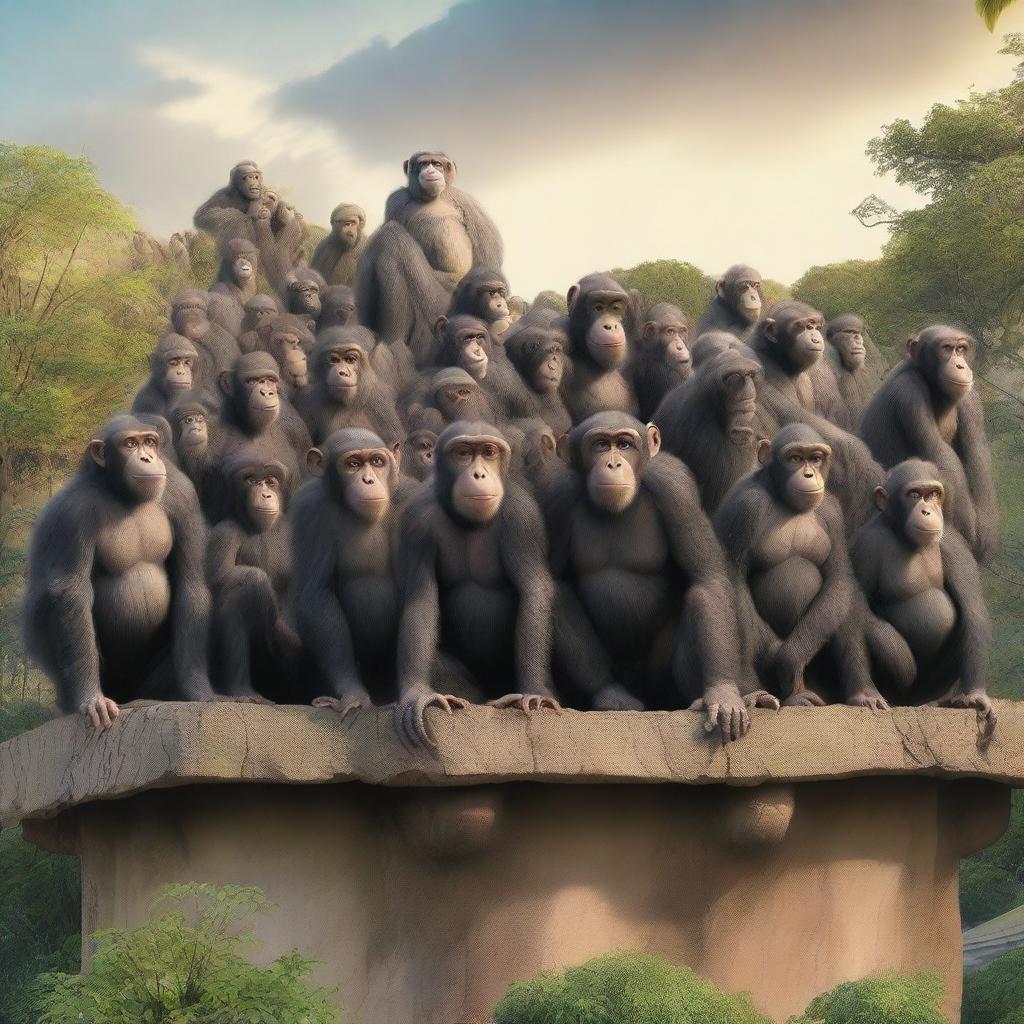 A highly realistic scene featuring two chimpanzees standing on top of a roof with hundreds of chimpanzees behind them