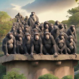 A highly realistic scene featuring two chimpanzees standing on top of a roof with hundreds of chimpanzees behind them