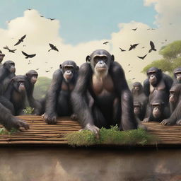 A highly realistic scene featuring two chimpanzees standing on top of a roof with hundreds of chimpanzees behind them