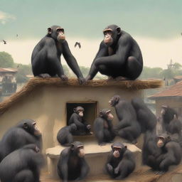 A highly realistic scene featuring two chimpanzees standing on top of a roof with hundreds of chimpanzees behind them