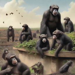 A highly realistic scene featuring two chimpanzees standing on top of a roof with hundreds of chimpanzees behind them