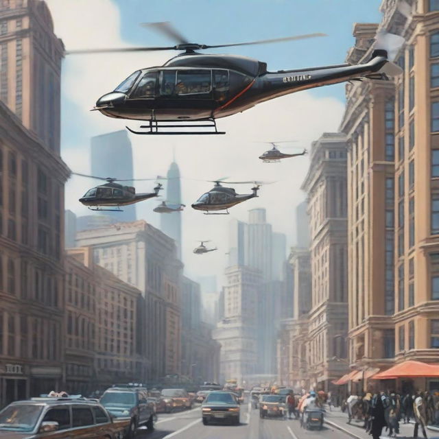 A realistic and dynamic scene featuring helicopters flying around a bustling city during daytime