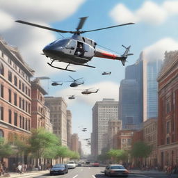 A realistic and dynamic scene featuring helicopters flying around a bustling city during daytime