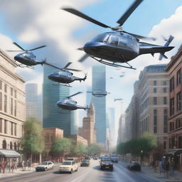 A realistic and dynamic scene featuring helicopters flying around a bustling city during daytime