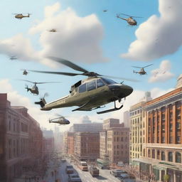 A realistic and dynamic scene featuring helicopters flying around a bustling city during daytime